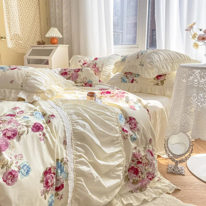 Decobites Rose Print Cotton Bedding Set with Pleated Ruffles and French-Inspired Design