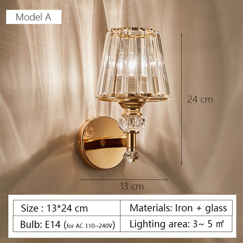 Modern minimalist gold wall lamp featuring a faceted crystal shade and decorative glass elements for bedroom use.