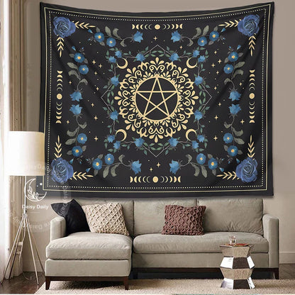 Decobites Blue Rose Moon Floral Tapestry Wall Hanging Botanical Tarot Mat