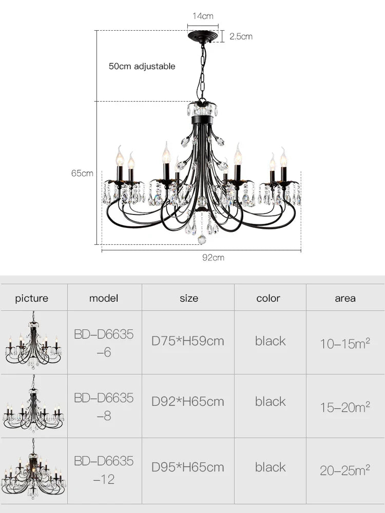 DecorBites™ Crystal Chandelier: Modern Black E14 Candle Pendent Lamp for Living Room