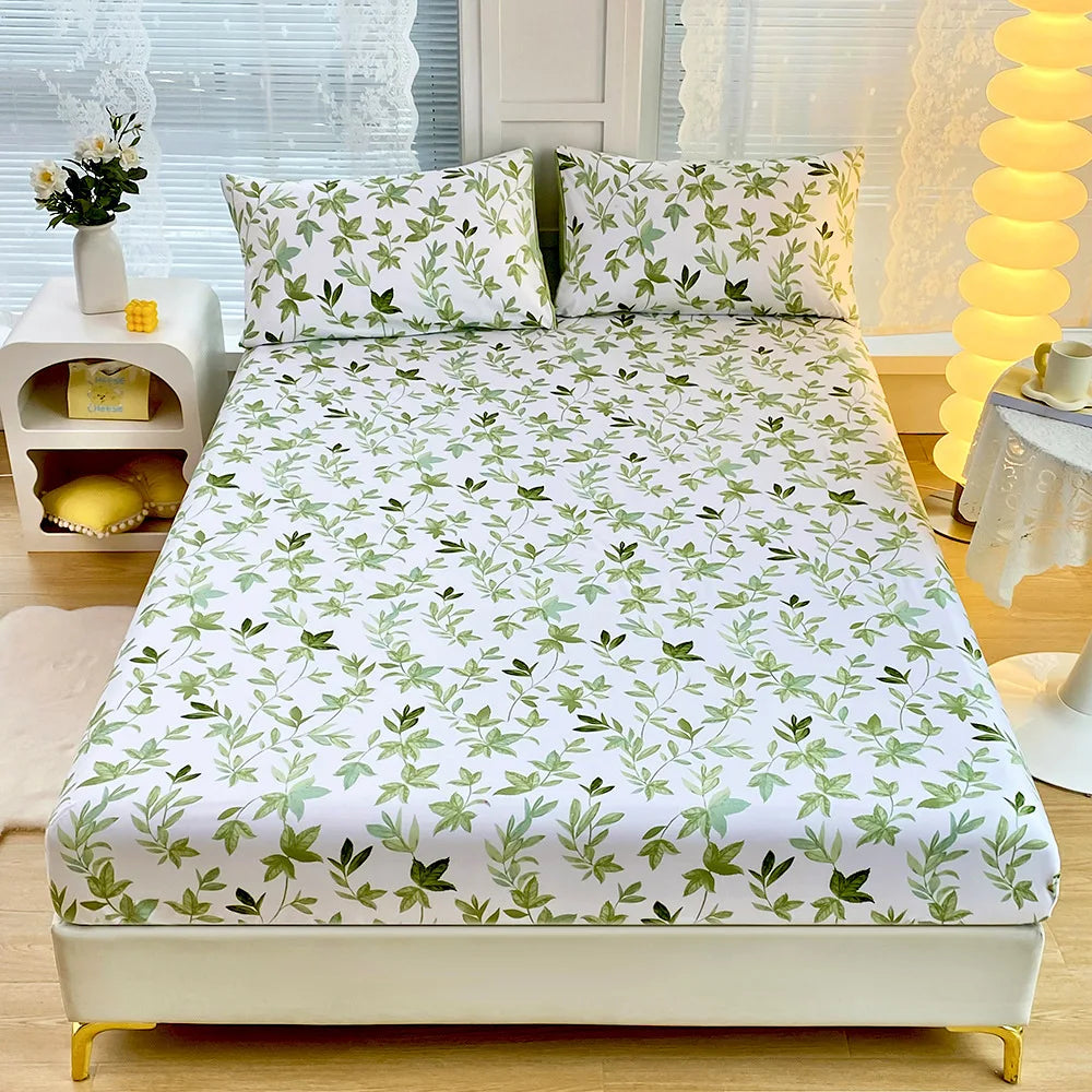 DecorBites™ Green Leaf Flower Fitted Sheet Set with 2 Pillowcases for All Seasons