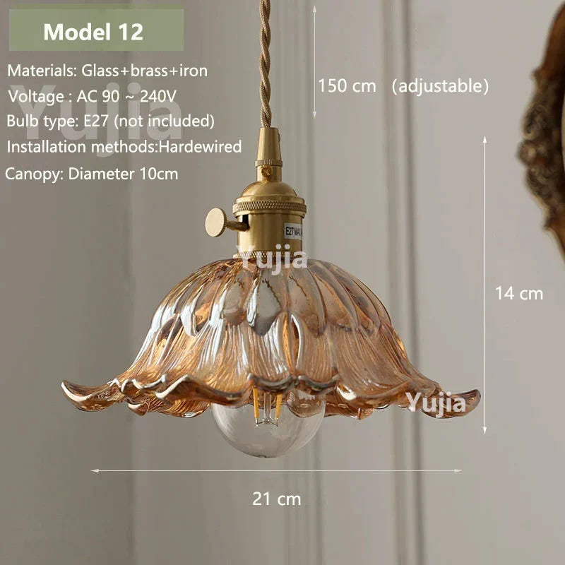 Vintage Amber Glass Pendant Light With Brass Detail