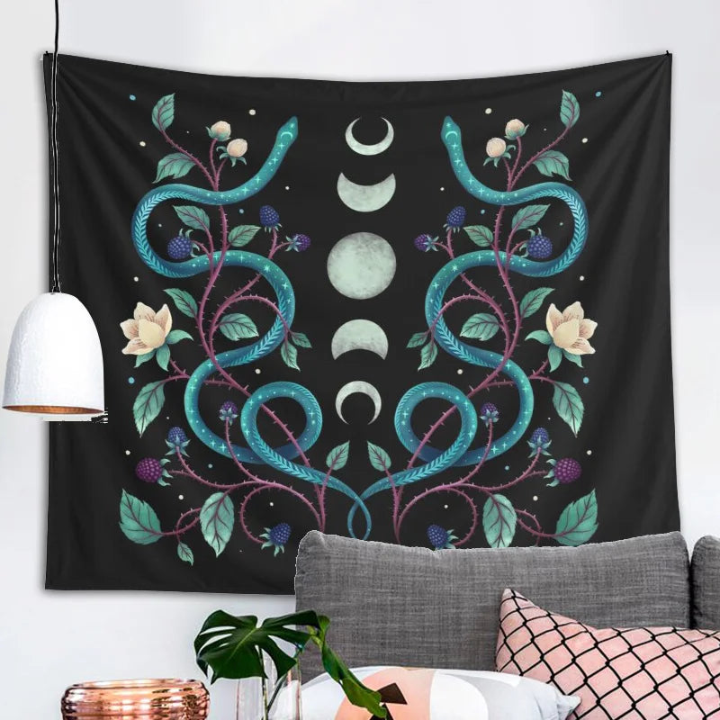 Decobites Serpent Moon Phase Tapestry: Aesthetic Psychedelic Wall Hanging for Home Decor