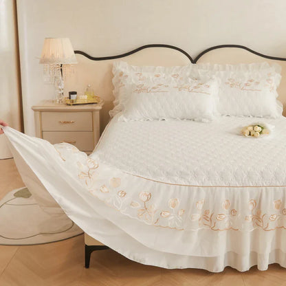 Decobites Quilted Embroidery Bedding Set with Lace Ruffles, Duvet Cover, Bed Skirt - Various Colors