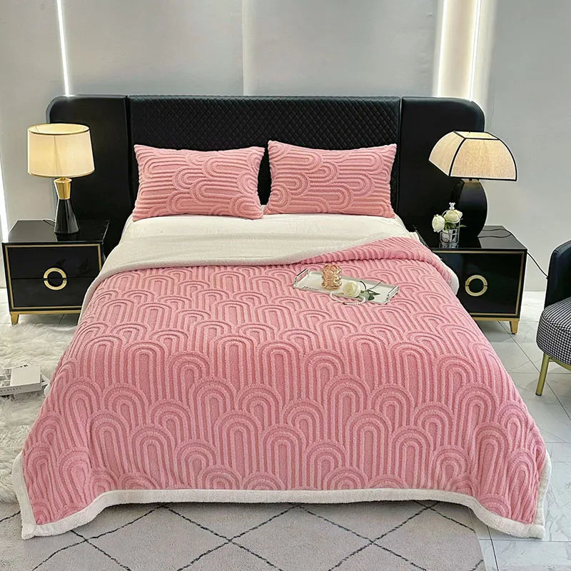 DecorBites™ Double Layered Flannel Arch Jacquard Plush Blanket - Warm & Cozy Coral Fleece Quilt