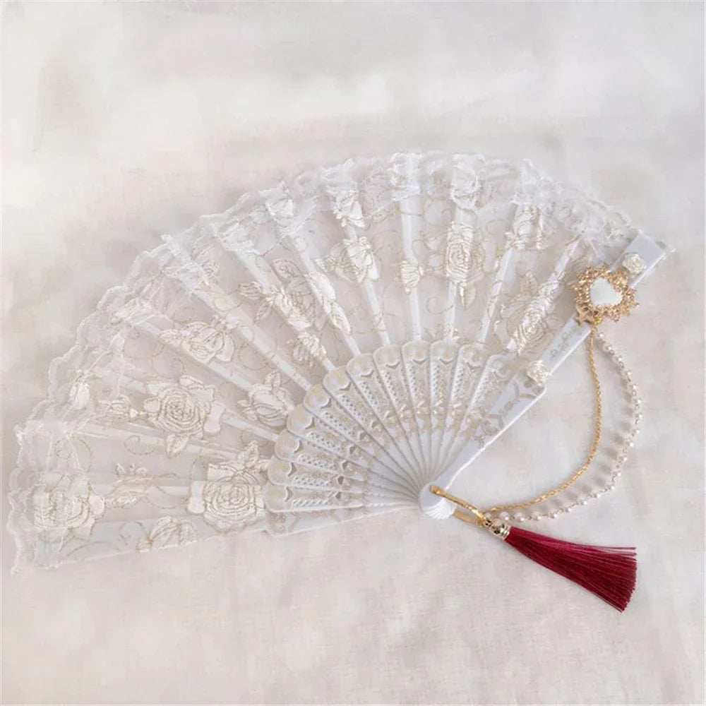 DecorBites™ Elegant Gemstone Handle Lace Fan for Dark Gothic Court Party