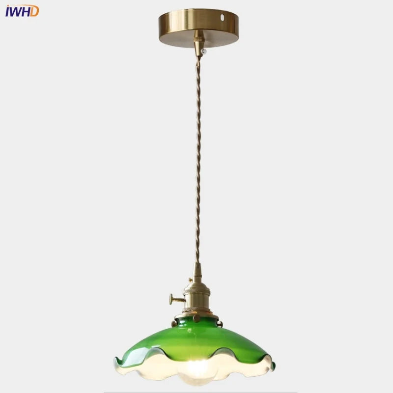 Green Glass Pendant Light Adjustable E27 Base