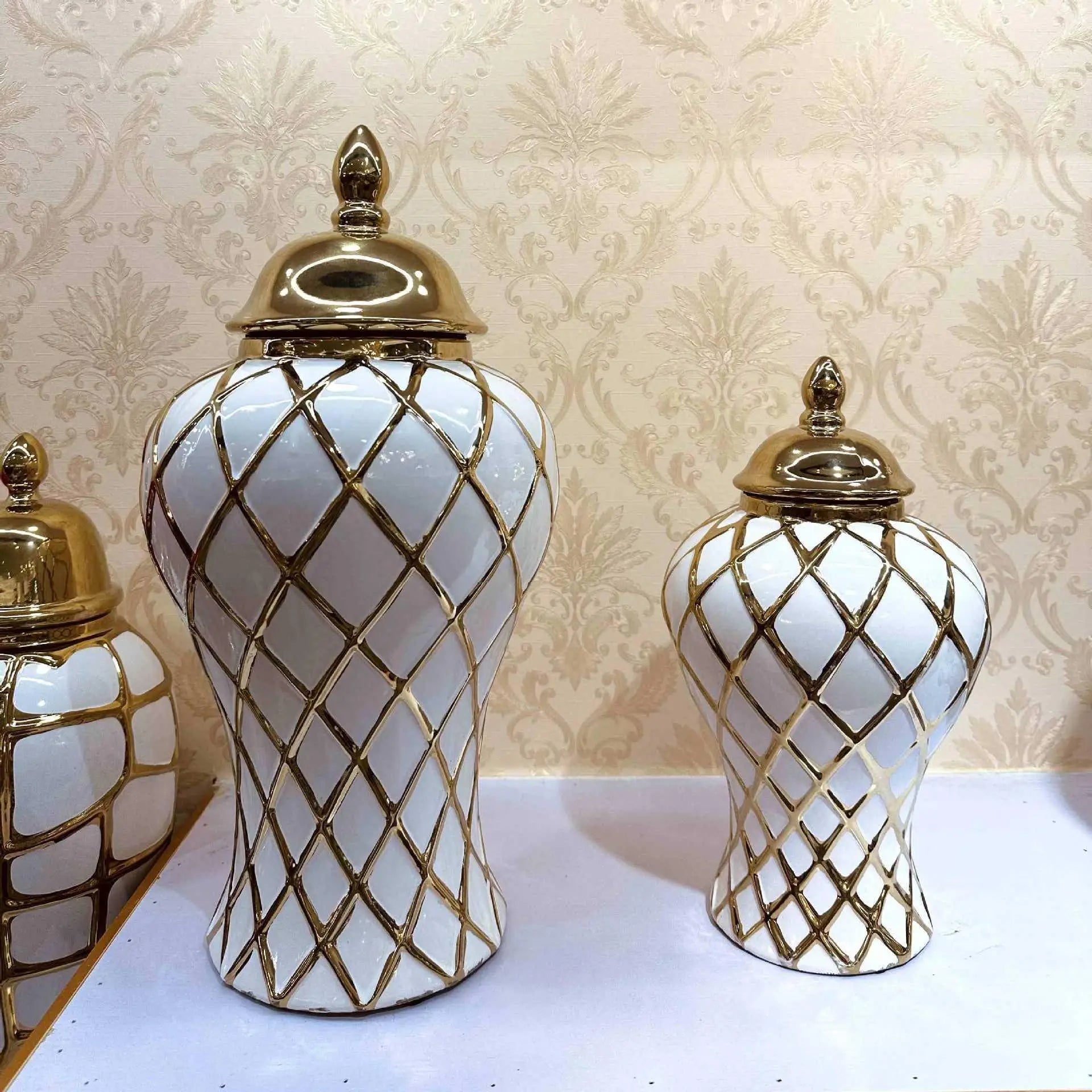 Jarrón de Porcelana con Diamante de Oro Decorbites™: Decoración Elegante de Cerámica para el Hogar y Tarro de Almacenamiento
