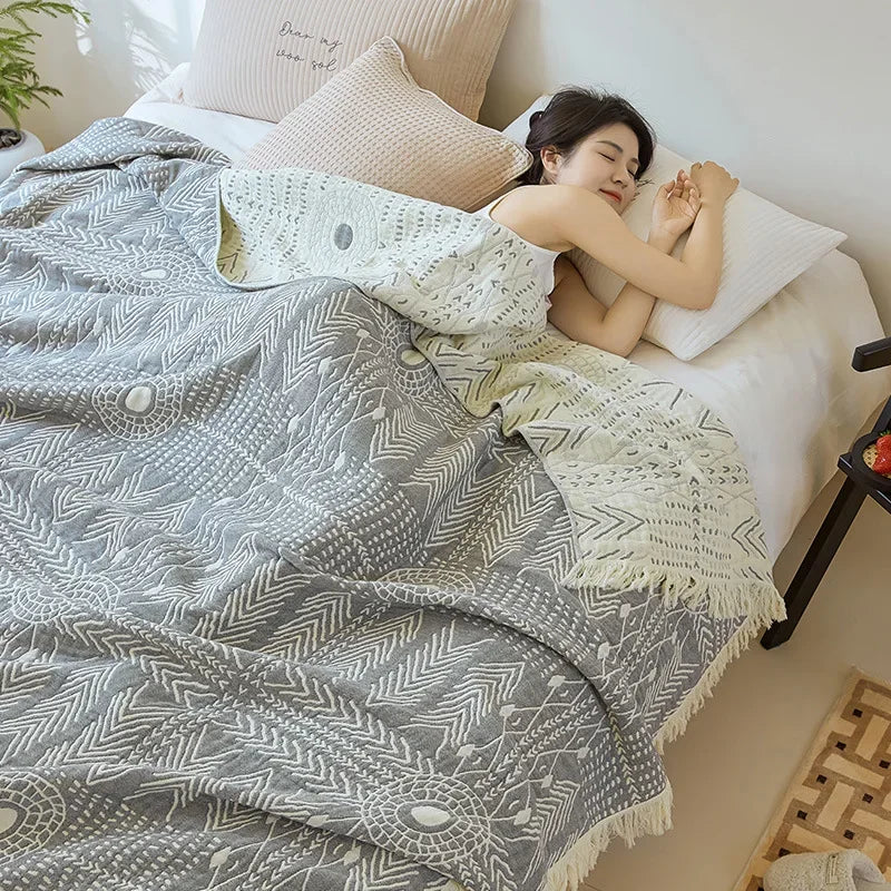 DecorBites™ Bohemian Cotton Throw Blanket - Four Layer Gauze Bedspread with Tassel Detail