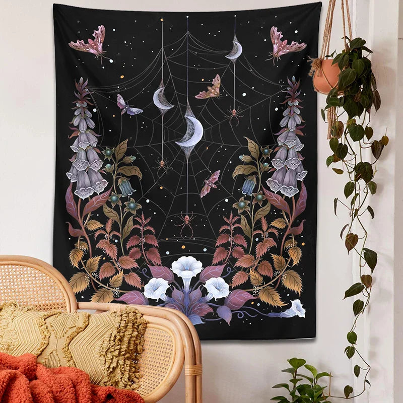 Decobites Witch Garden Tapestry Wall Hanging Moon Moth Tarot Psychedelic Decor