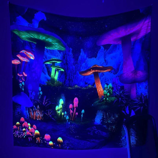 Decobites Psychedelic Mushroom Owl Luminous Tapestry Wall Art for Home Decor