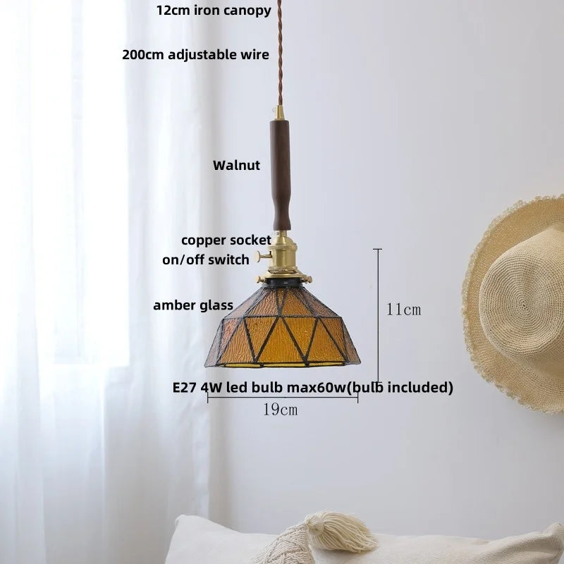 Amber Glass Pendant Light Walnut Accent Bar Style