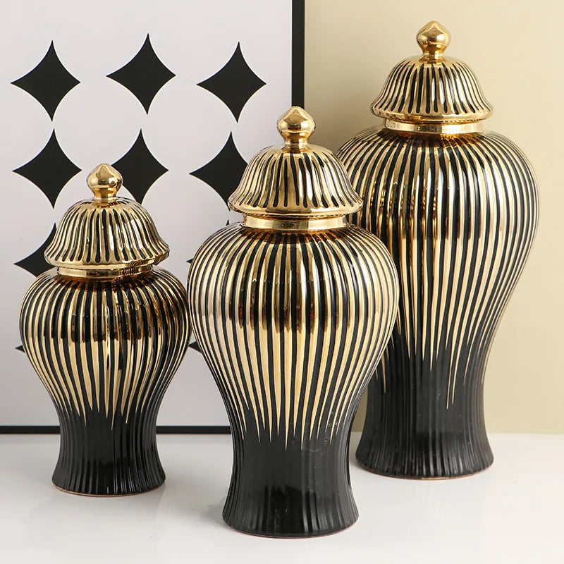 DecorBites™ Black Ceramic Checkmate Ginger Jar Vase with Gold Rim