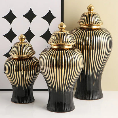 DecorBites™ Black Ceramic Checkmate Ginger Jar Vase with Gold Rim