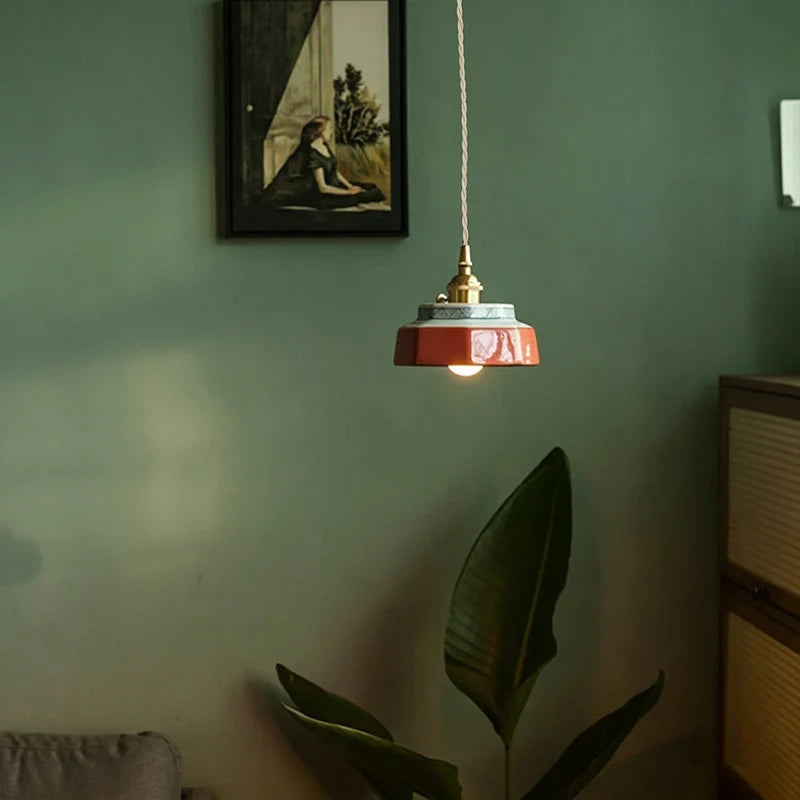 Japanese Retro Ceramic Pendant Light in Red or Blue