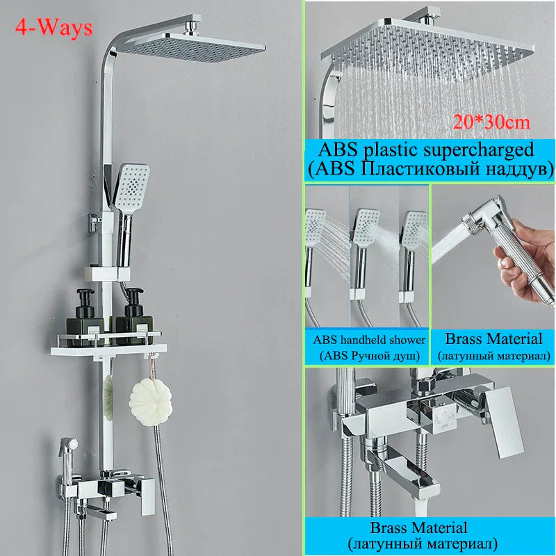 Juego de grifería para ducha DecorBites™ de latón negro con caño giratorio para bañera y columna de ducha tipo lluvia