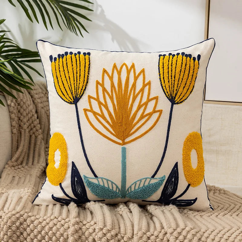 DecorBites™ Daisy Yellow Floral Geometric Pillow Cover - Soft Cozy Embroidery for Living Room