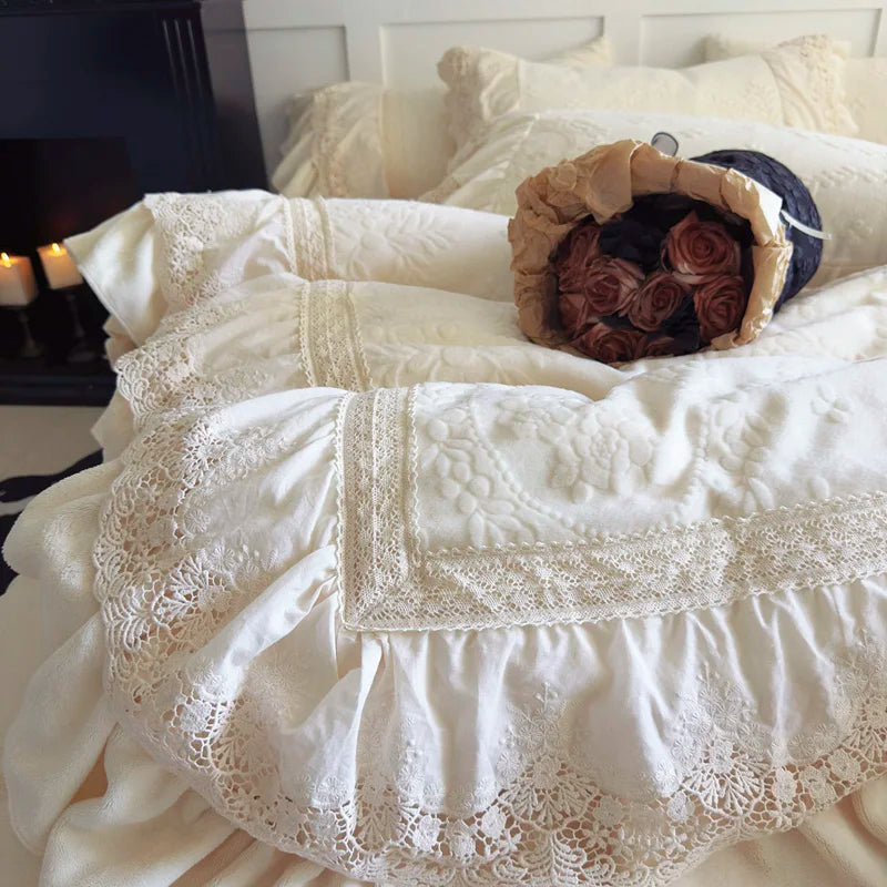 DecorBites™ Lace Ruffles Velvet Wedding Bedding Set with Carved Details