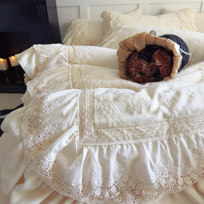 DecorBites™ Lace Ruffles Velvet Wedding Bedding Set with Carved Details