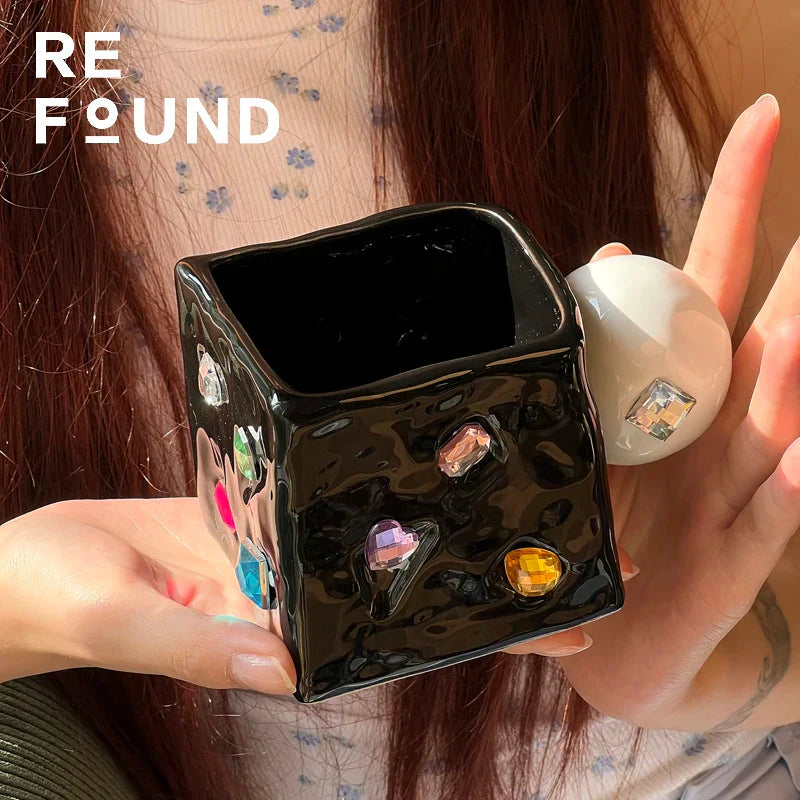 DecorBites™ Diamond Ceramic Square Americana Coffee Mug Set - Handcrafted Jewelry Inspired Drinkware