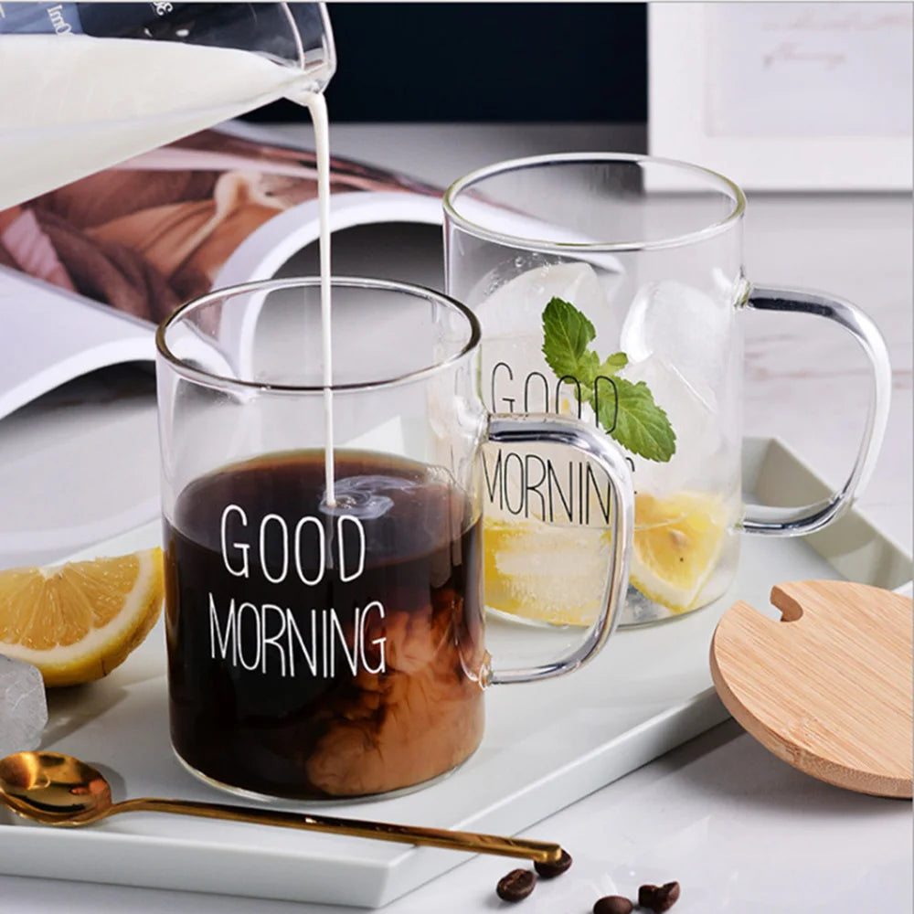 DecorBites™ Good Morning Glass Mug - Transparent Tumbler with Handle