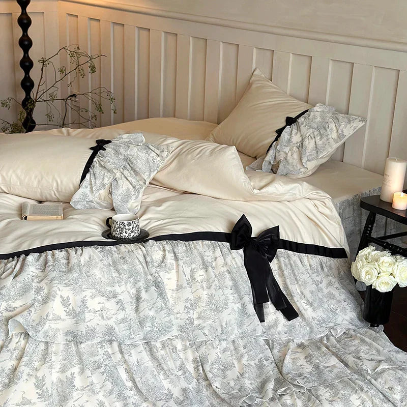 Conjunto de Ropa de Cama Princesa con Volantes de Encaje y Lazo Decorbites™: Cubrecama de Algodón Egipcio, Falda de Cama, Colcha, Fundas de Almohada