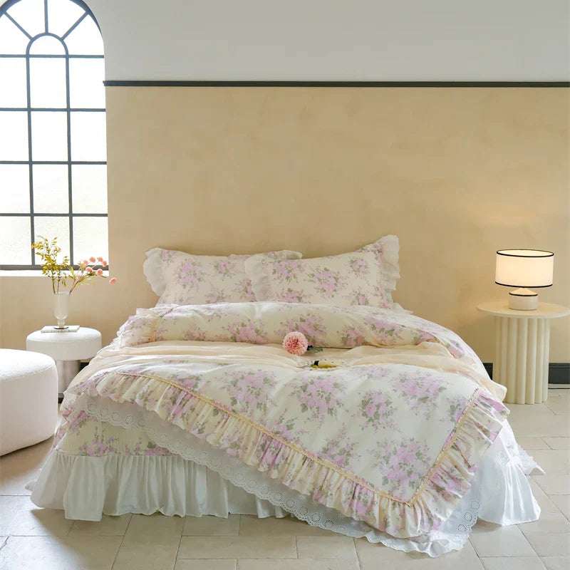 Decobites Pure Cotton Floral Quilted Bedding Set with Lace Ruffles