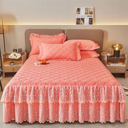 Decobites Cotton Lace Ruffles Quilted Bed Skirt Set with Pillowcases