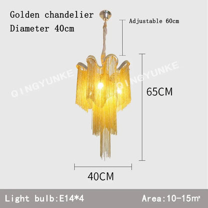 DecorBites™ Fringed Chandelier: Silver & Gold Aluminium Chain Pendant Light for Luxe Home & Hotel Decor