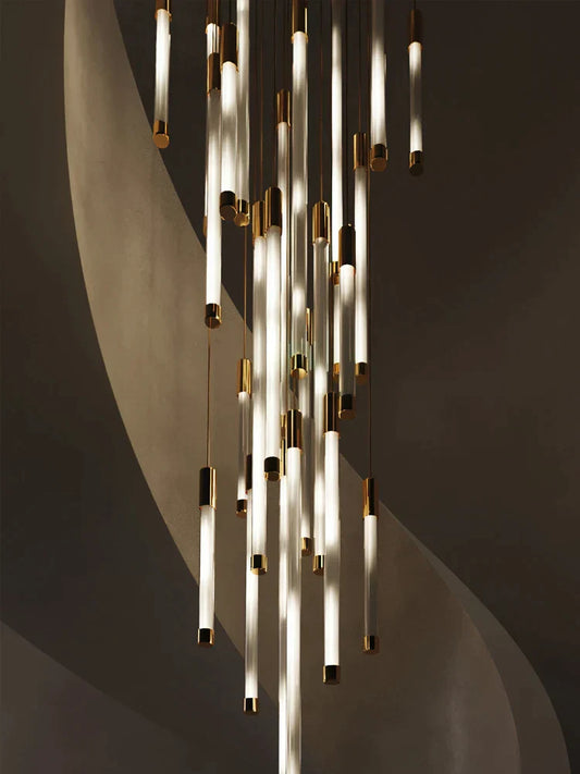 DecorBites™ Golden Tube Chandelier: Modern Designer LED Staircase Light for Nordic Loft Apartment