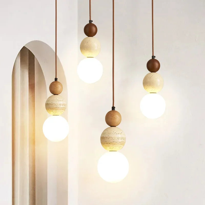 Cream Stone Pendant Light With Wood Accent
