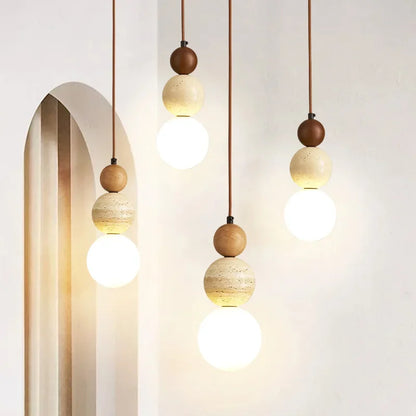 Cream Stone Pendant Light With Wood Accent