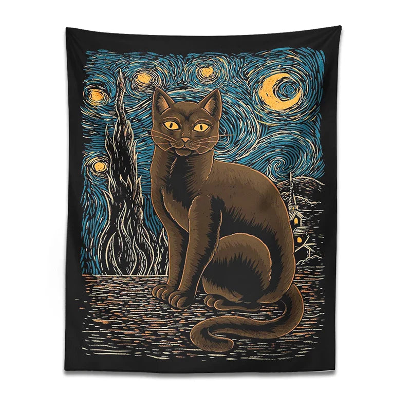 Decobites Starry Night Cat Tapestry: Van Gogh Inspired Mysterious Wall Decor