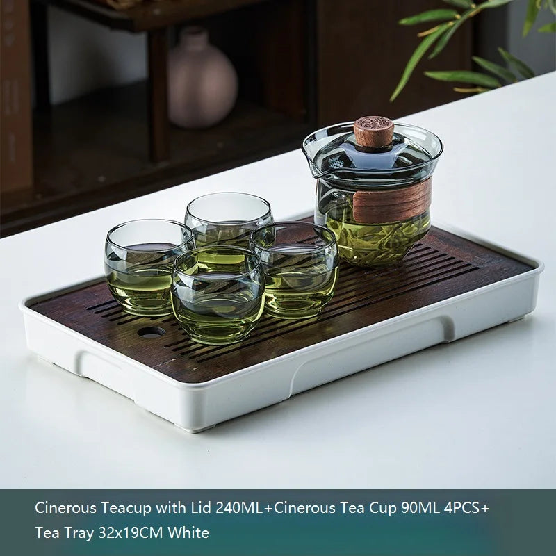 DecorBites™ Glass Teapot Set: Chinese Kung Fu Tea Bamboo Tray & Quick Drain Storage