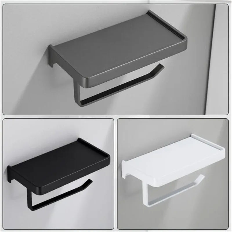DecorBites™ Aluminum Gray Bathroom Paper Roll Holder with Phone Shelf, Tissue Box Rack