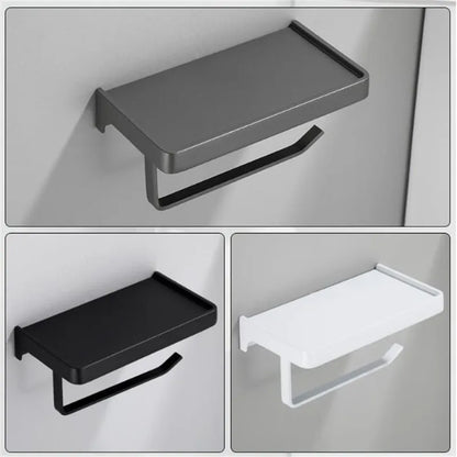 DecorBites™ Aluminum Gray Bathroom Paper Roll Holder with Phone Shelf, Tissue Box Rack