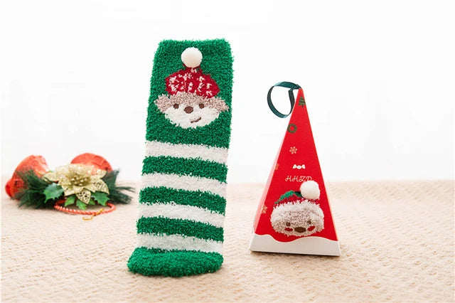 Cute Animal Design Deer Christmas socks Gift 3D Fluffy Coral Velvet Thick Warm Winter Sock For Women new Year gift Sox with Box