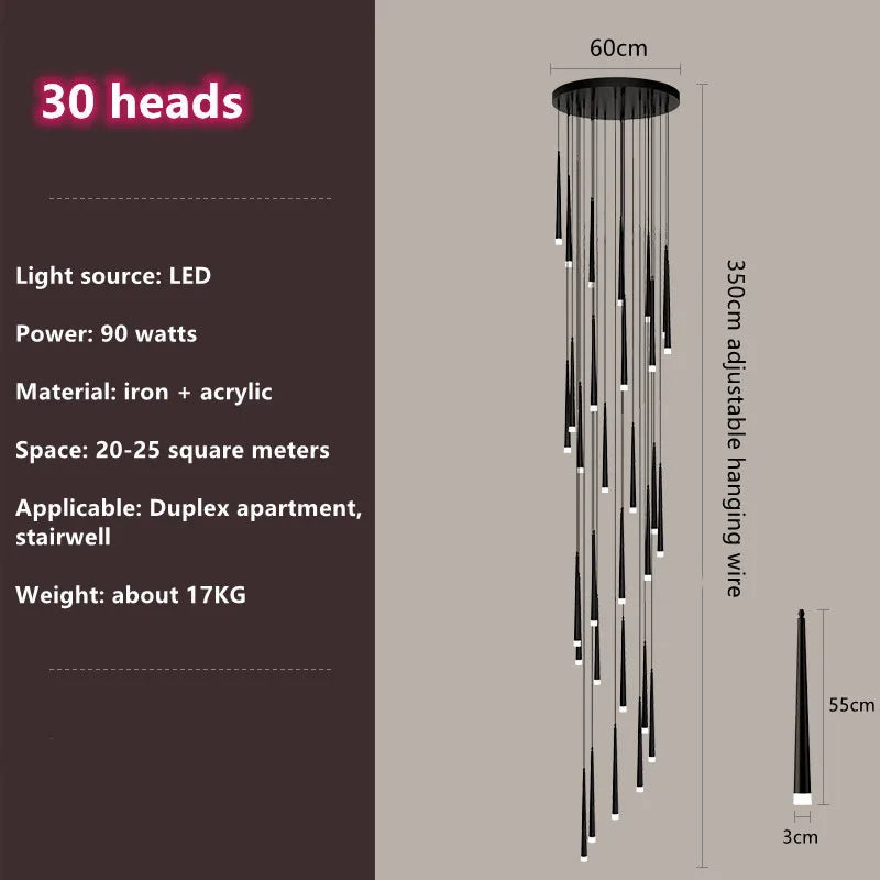 DecorBites™ Loft Black LED Stair Chandelier for Modern Living Room and Restaurant