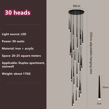 DecorBites™ Loft Black LED Stair Chandelier for Modern Living Room and Restaurant