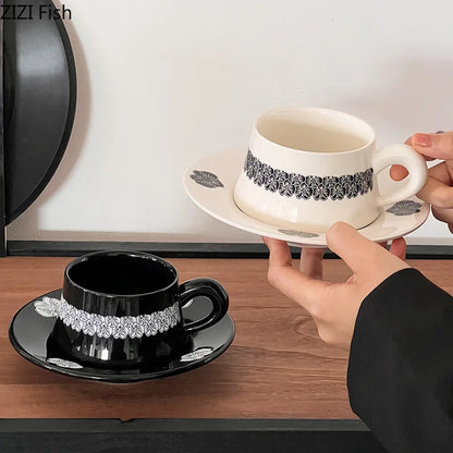 DecorBites™ Black Flower Porcelain Cup & Saucer Set, Elegant Coffee Mug for Dining & Afternoon Tea