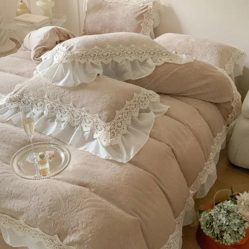 Decobites French Lace Ruffles Velvet Bedding Set, Furry Duvet, Sheet, Pillowcases