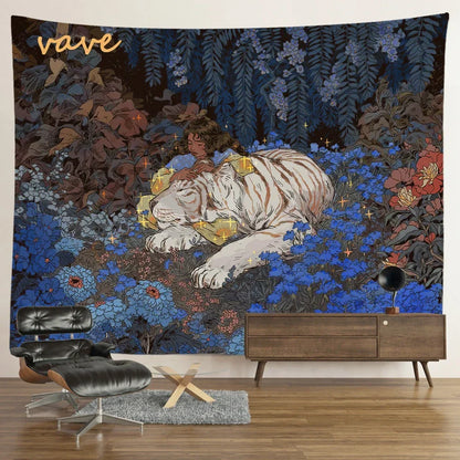 Decobites Psychedelic Tiger Tapestry Wall Hanging - Mysterious Flower Jungle Moon Landscape