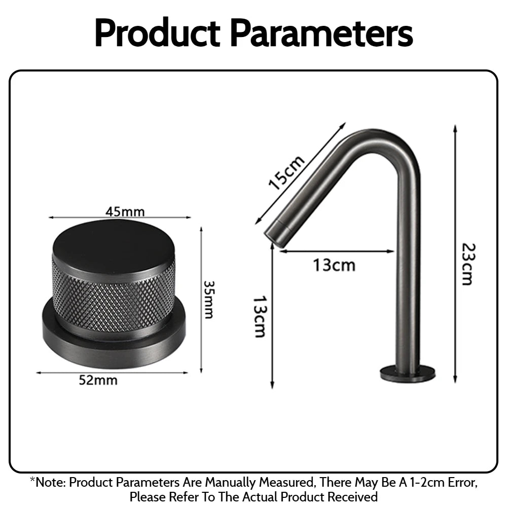 black matte-finished metal faucet with a curved spout and textured knob designed for contemporary widespread dual-hole installation featuring a premium ceramic valve though contrasting with a modern brushed gold single handle bathroom basin faucet.