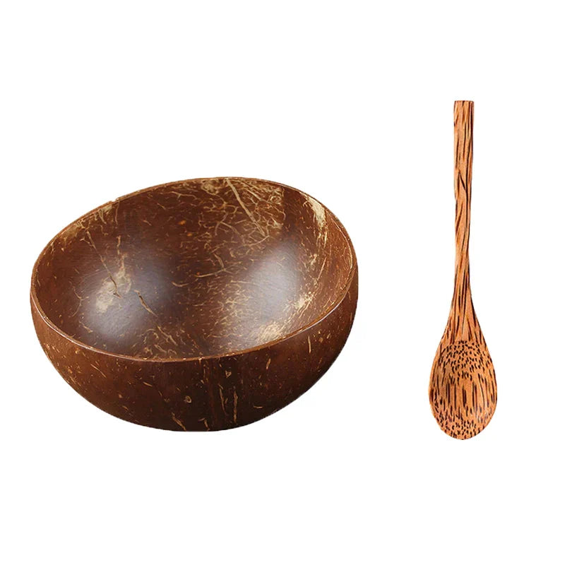 DecorBites™ Coconut Bowl Set with Wooden Spoon: Natural Handmade Tableware for Desserts, Fruits, Salads