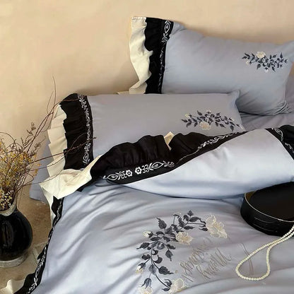 Decobites Flowers Embroidery Ruffles Cotton Bedding Set with Duvet Cover, Sheet, Pillowcases