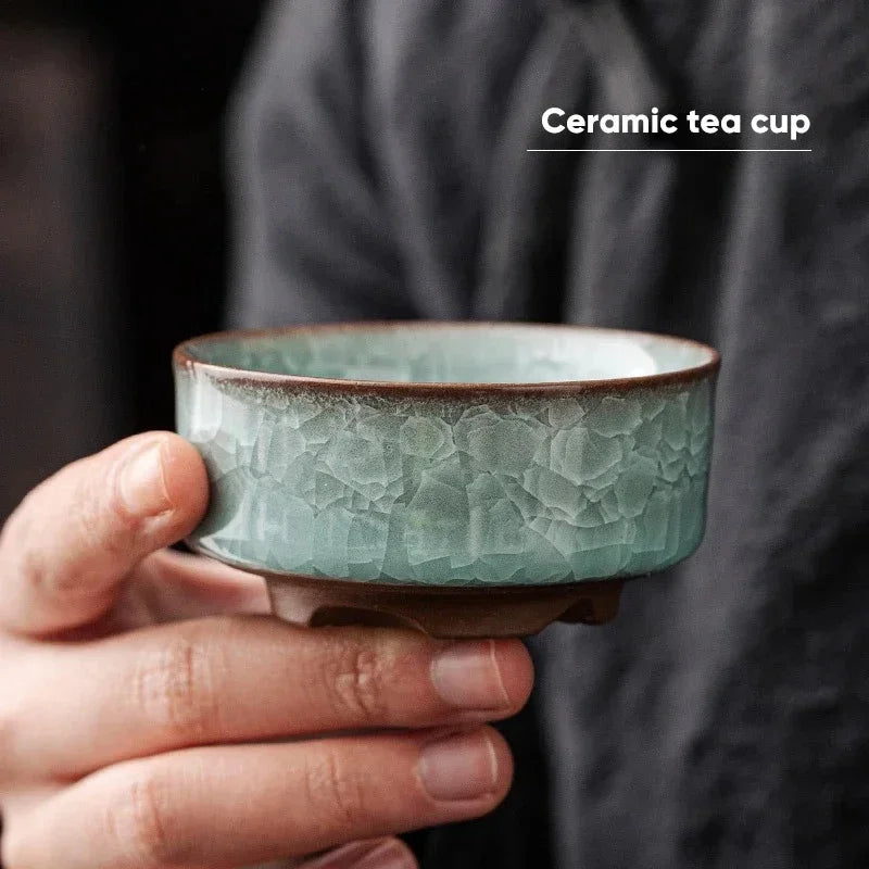 1pcs Ice Crackle Style Ceramic Tea Cup Espresso Cups Vintage Celadon Kung Fu Teacup Porcelain Mug Household Cute Cups Wholesale