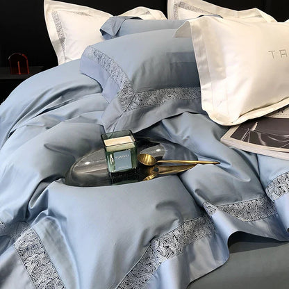 Decobites Grey Hollow Lace 1000TC Egyptian Cotton Bedding Set with Wide Edge