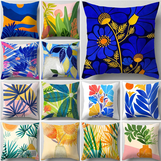 DecorBites™ Blue Flower Leaves Pattern Pillowcase - Nordic Style Living Room Cushion Cover