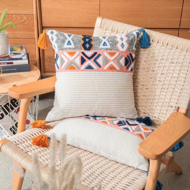 DecorBites™ Embroidered Blue Tufted Boho Pillow Cover with Tassel, Lumbar Decorative Cushion