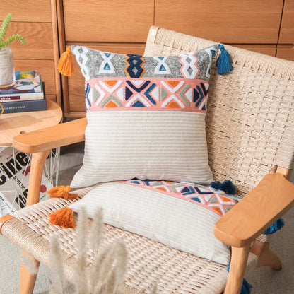DecorBites™ Embroidered Blue Tufted Boho Pillow Cover with Tassel, Lumbar Decorative Cushion